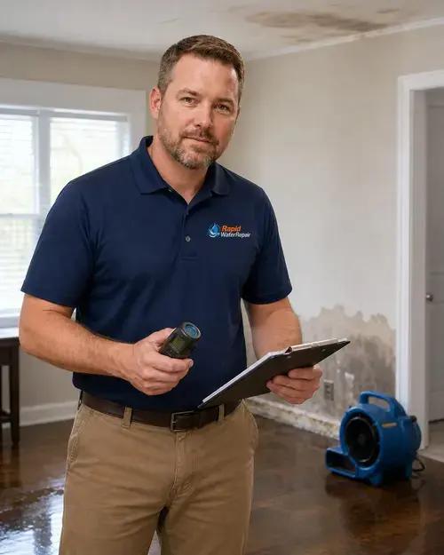 Marcus Reed from Rapid Waterrepair holding a moisture meter during a Columbus water damage inspection